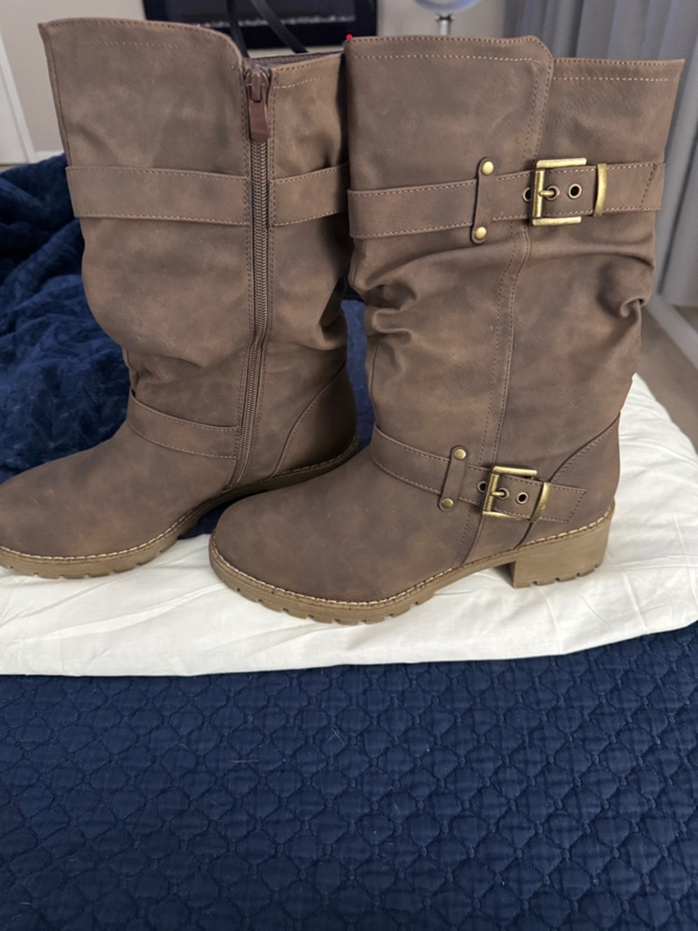 Global Win Brown Slouchy Buckle Mid-Calf Boots
